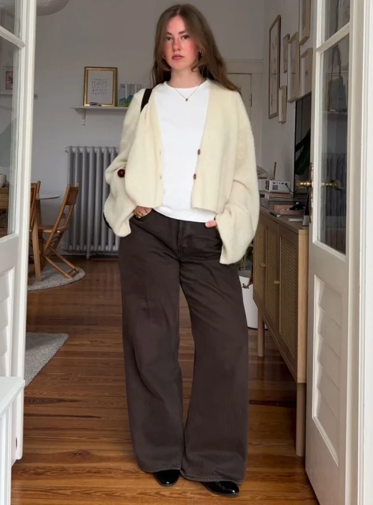 Corduroy Trousers, a Fine Knit Top, and a Soft Cardigan