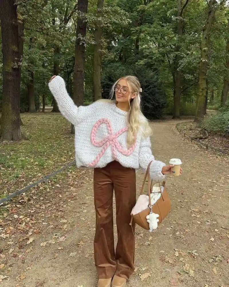 Cream Cable Knit with Bow Detail + Corduroy