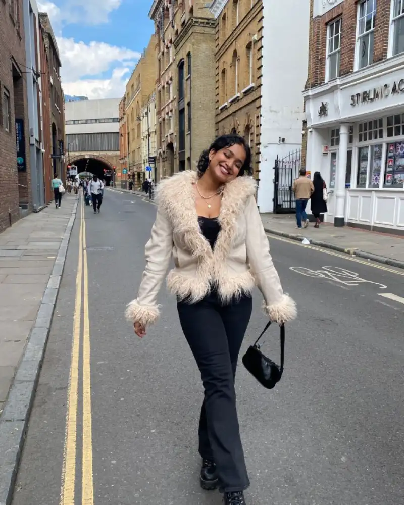 Cream Shearling Jacket & Black Flares