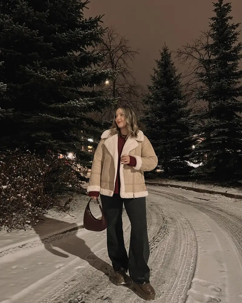 Cream Shearling Jacket With Cranberry Knitwear
