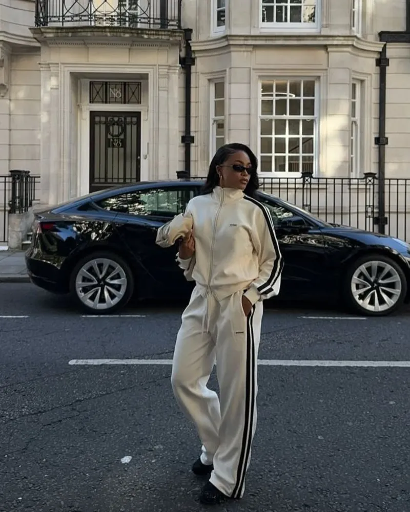 Cream Tracksuit with Side Stripes