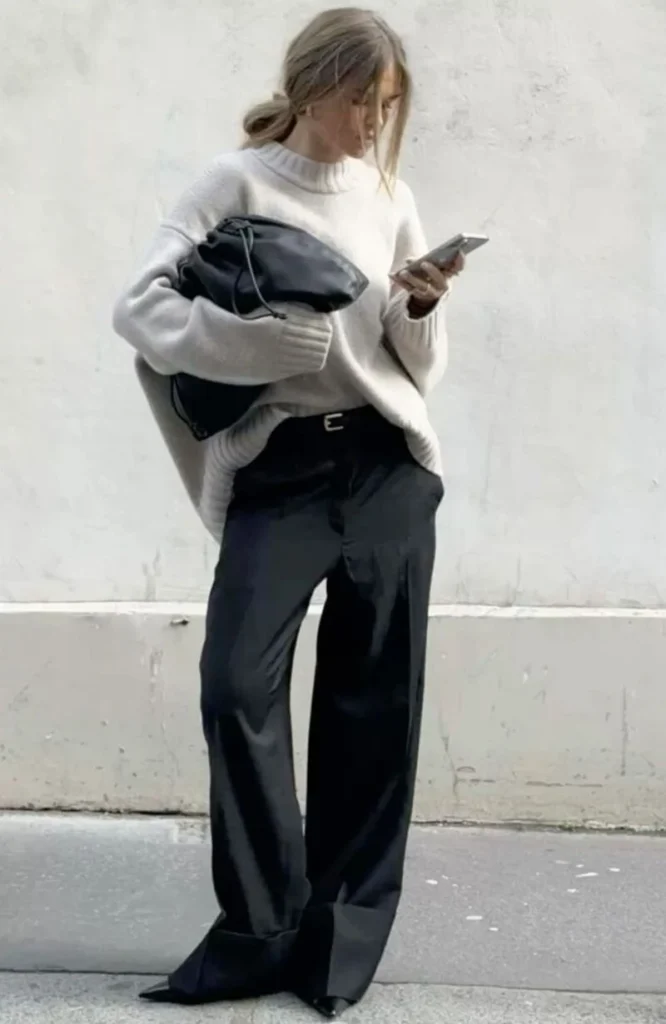 Cream Turtleneck & Black Trousers