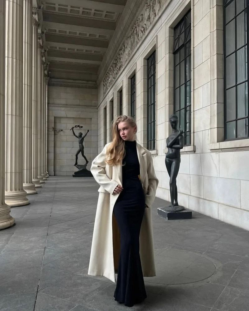 Cream Wool Coat + Black Fitted Gown