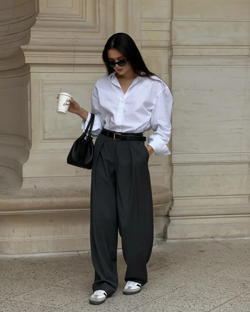 Crisp White Shirt + Charcoal Wide-Leg Trousers + Sneakers