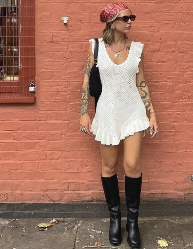 Crochet Mini Dress With Tall Boots