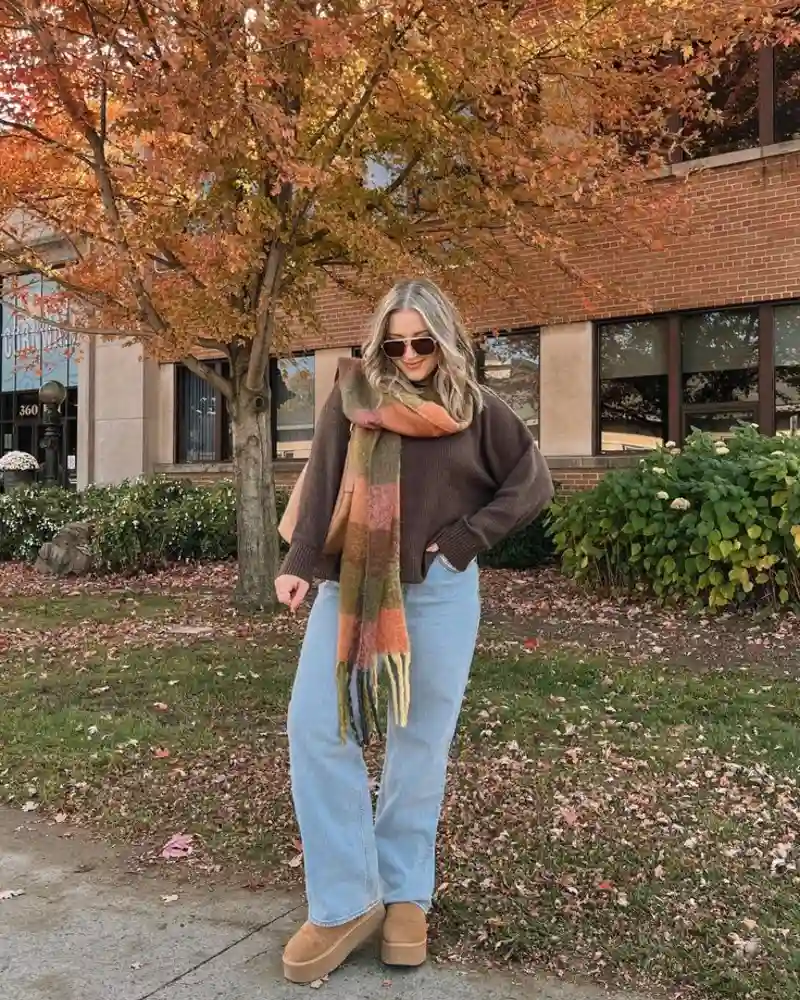 Cropped Brown Sweater + Multicolor Scarf