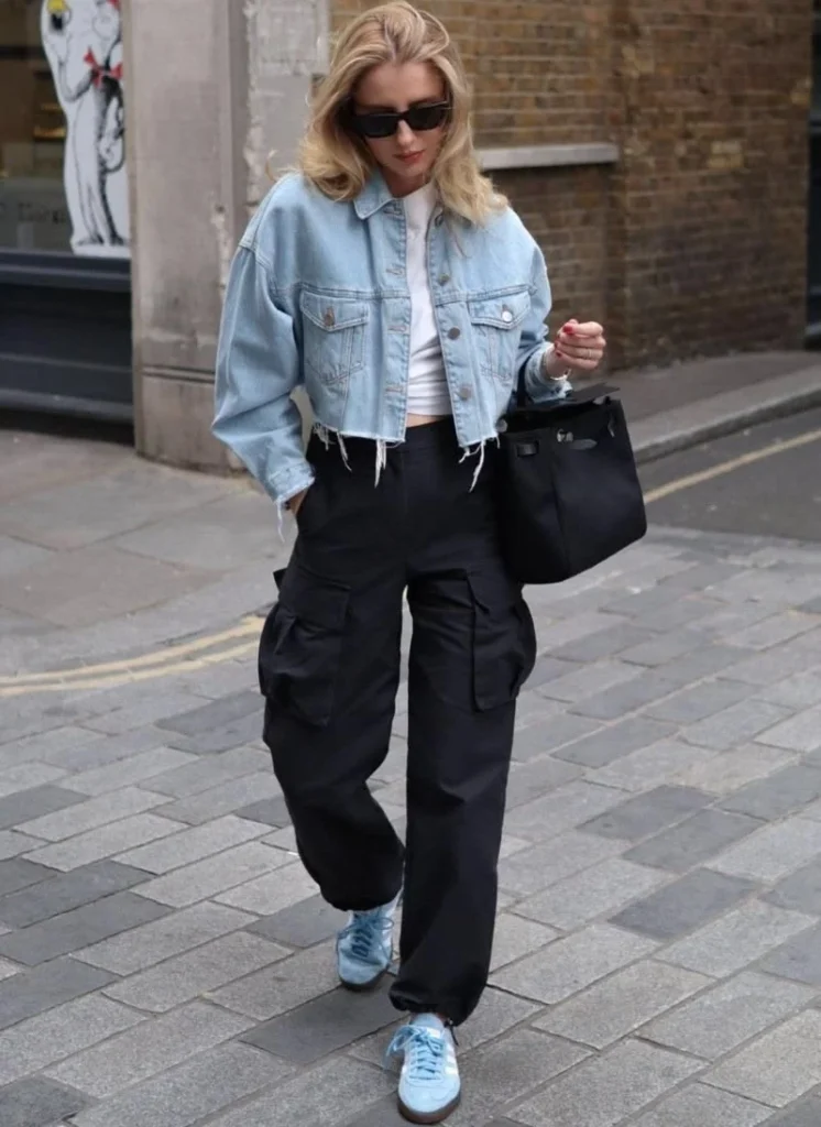 Cropped Denim Jacket & Black Cargo