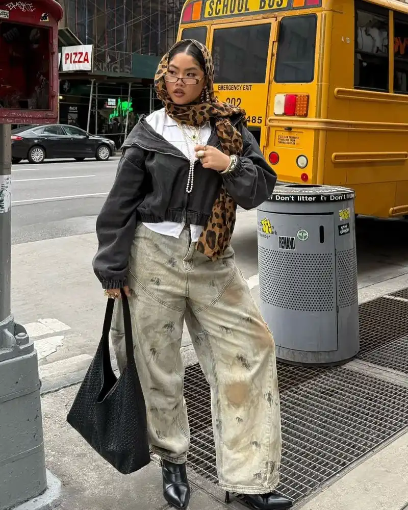 Cropped Denim Jacket, Leopard Headscarf, and Tie-Dye Cargo Pants