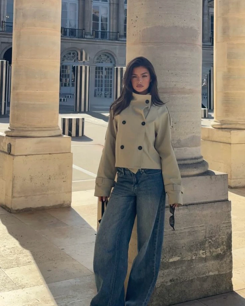 Cropped Double-Breasted Jacket + Wide-Leg Denim