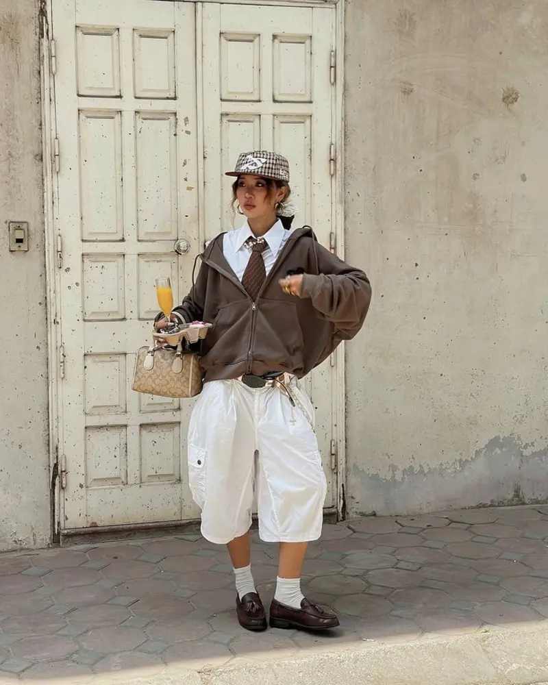 Cropped Hoodie Jacket + Necktie + Cargo Shorts