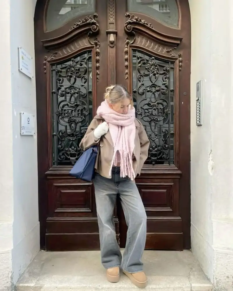 Cropped Jacket, Pink Scarf, Wide Denim