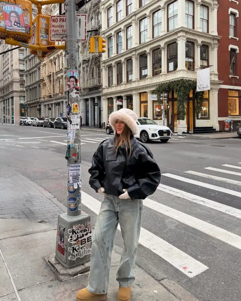 Cropped Leather Jacket and Furry Bucket Hat