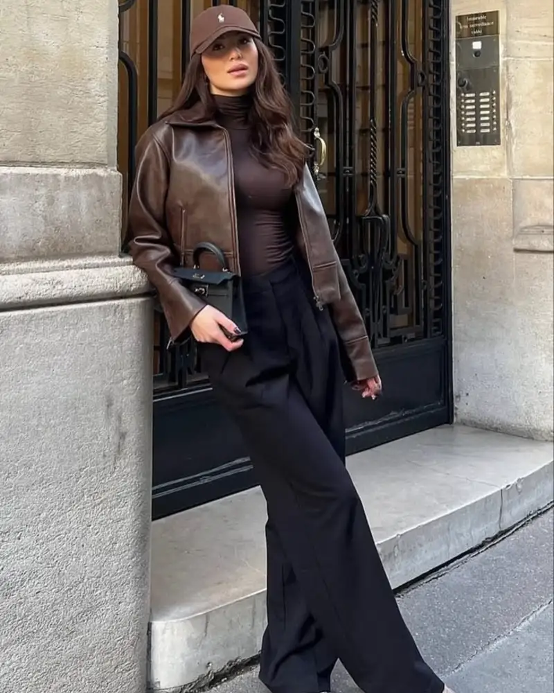 Cropped Leather Jacket and Pleated Wide-Leg Trousers