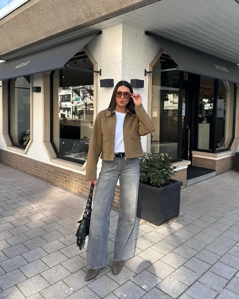 Cropped Suede Jacket with Grey Wide-Leg Jeans