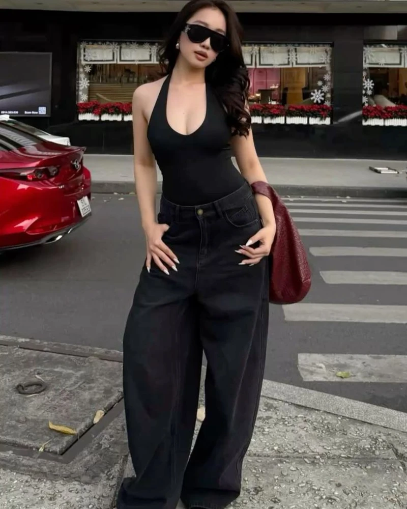 Deep-V Bodysuit and Tapered Black Denim