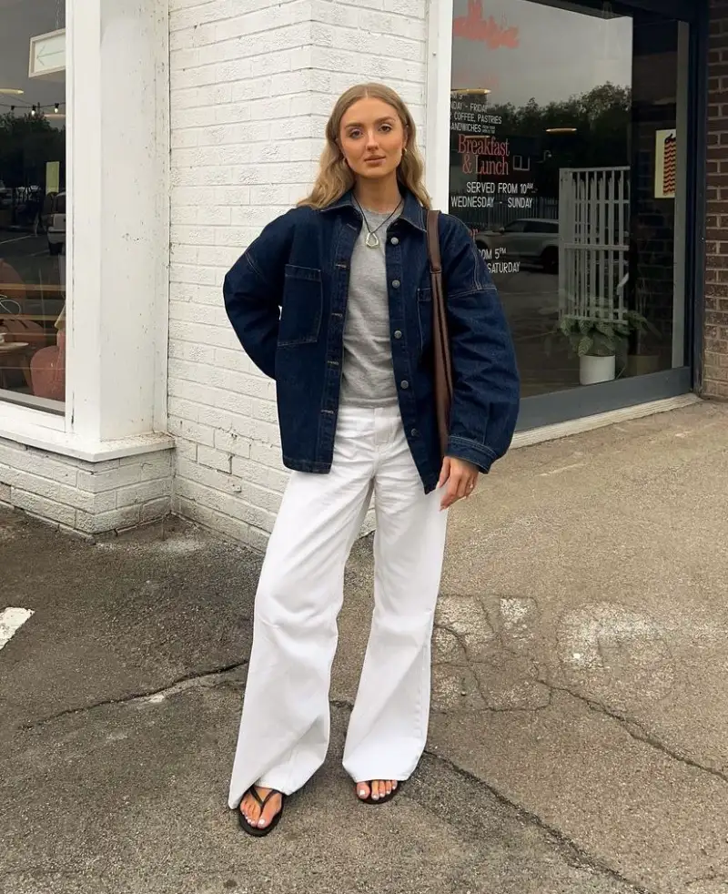 Denim Jacket & White Trousers