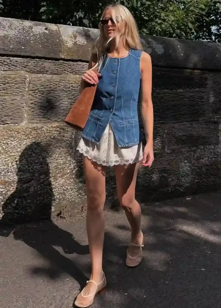 Denim Vest Over Lace Shorts