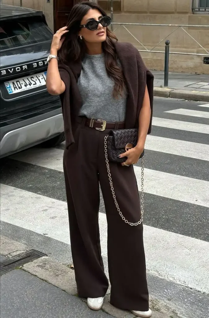 Draped Cardigan + Belted Trousers + White Sneakers