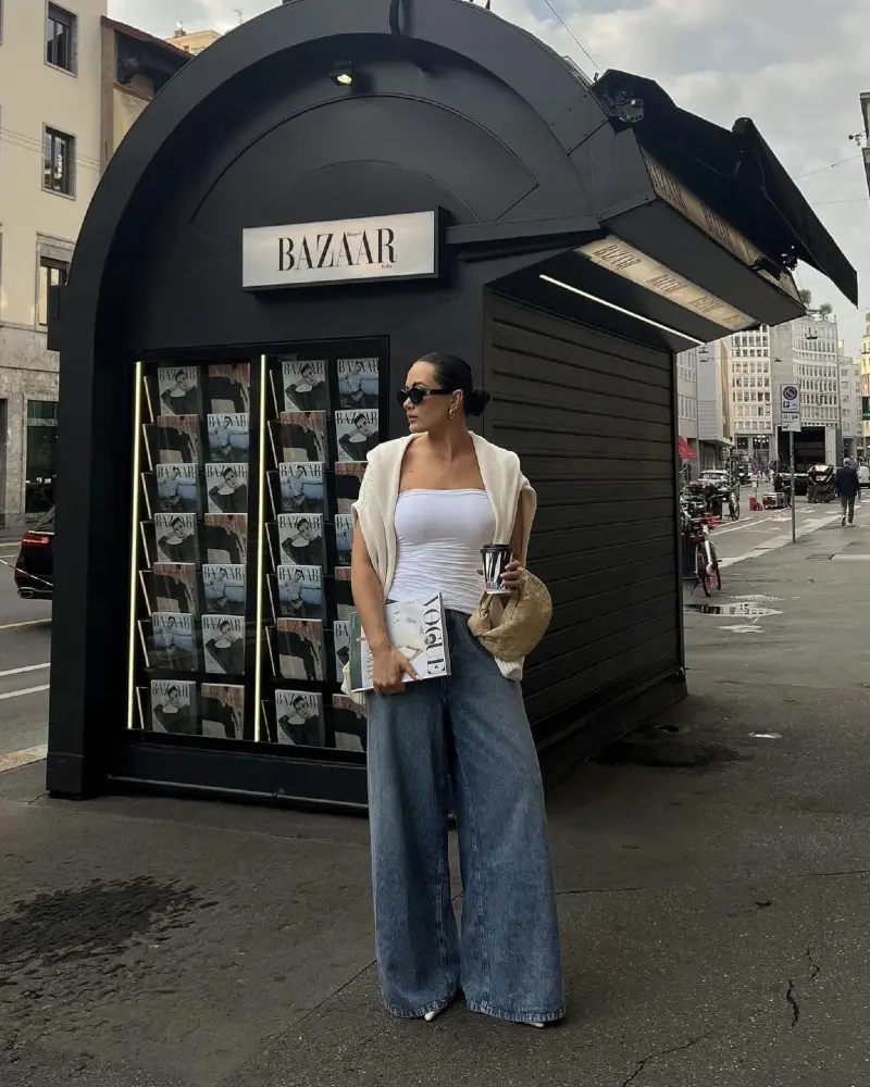 Draped Cardigan + Tube Top + Wide-Leg Jeans