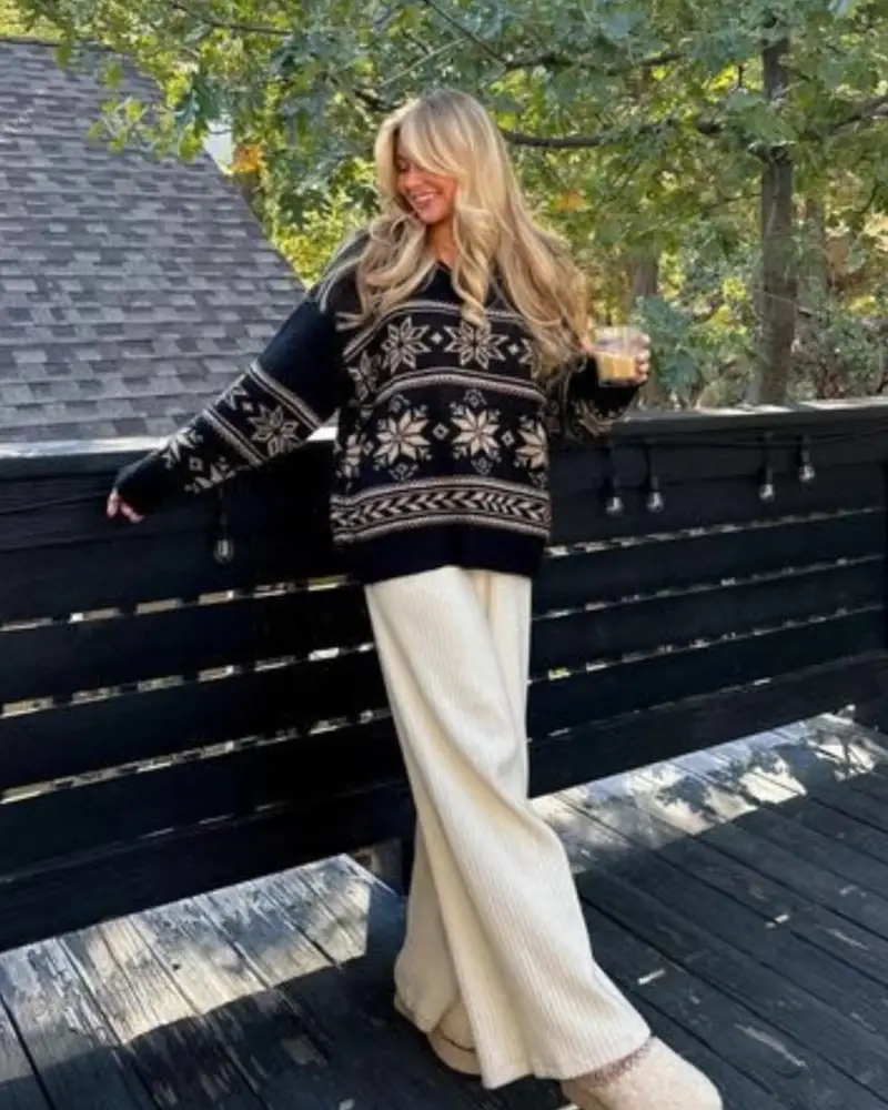 Fair Isle Snowflake Sweater + Ivory Ribbed Pants
