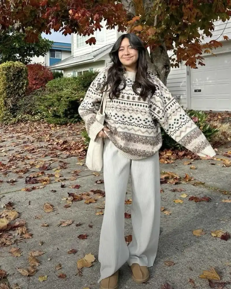 Fair Isle Sweater with Tree Motif + Grey Ribbed Pants