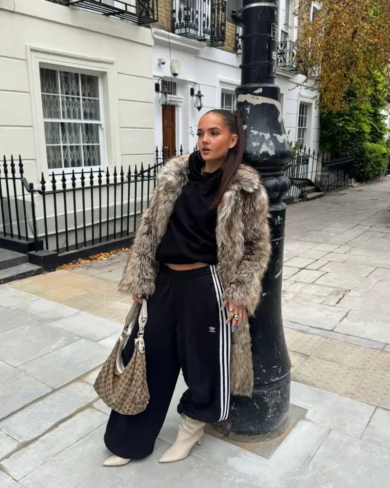 Faux Fur Coat + Black Hoodie + Adidas Track Pants