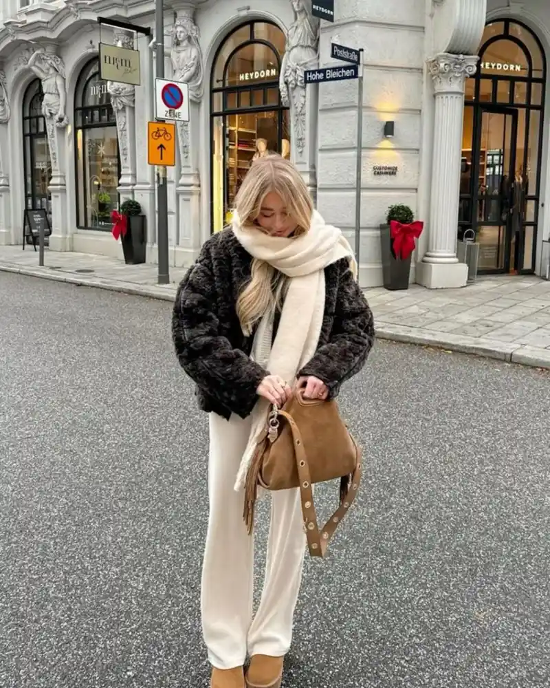 Faux Fur Jacket and Cream Wide Trousers