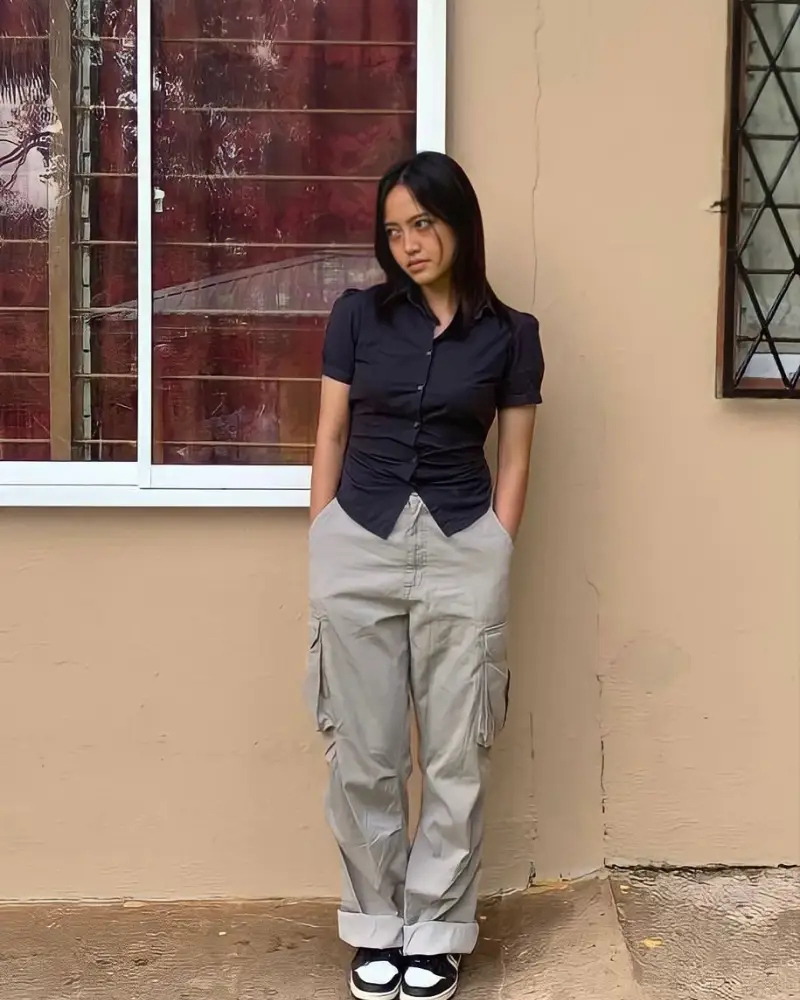 Fitted Black Button-Up and Grey Cargo Pants