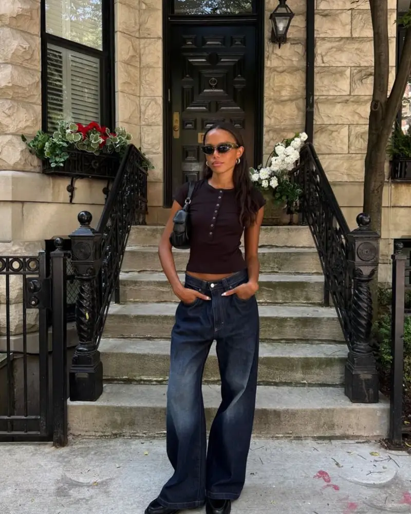 Fitted Henley Top & Dark Wash Denim
