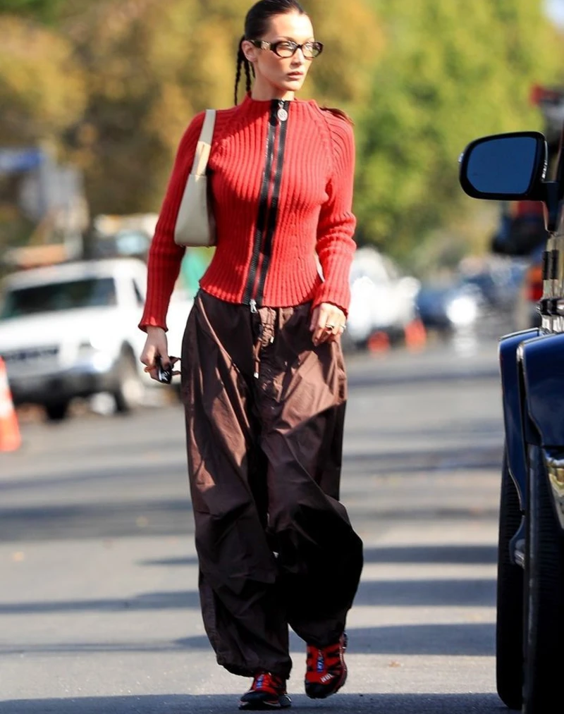 Fitted Red Cardigan With Parachute Pants