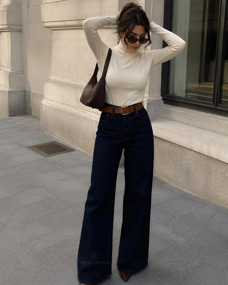  Fitted Turtleneck With Wide-Leg Jeans and a Belt