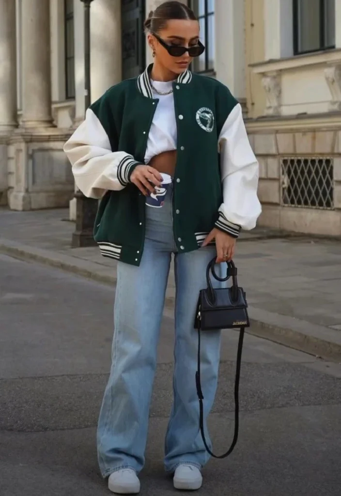 Forest-Green Varsity Jacket With Relaxed Denim