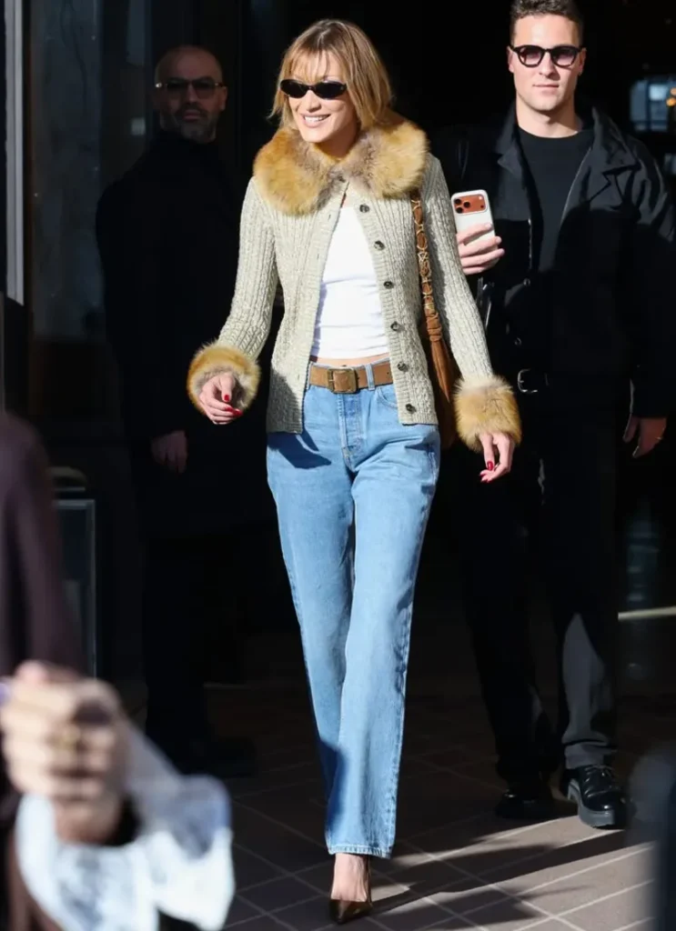 Fur-Trimmed Cardigan With Relaxed Jeans