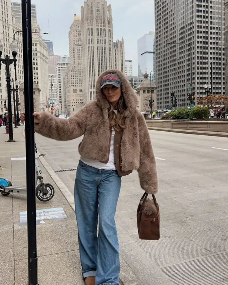Furry Cropped Jacket and Cuffed Denim
