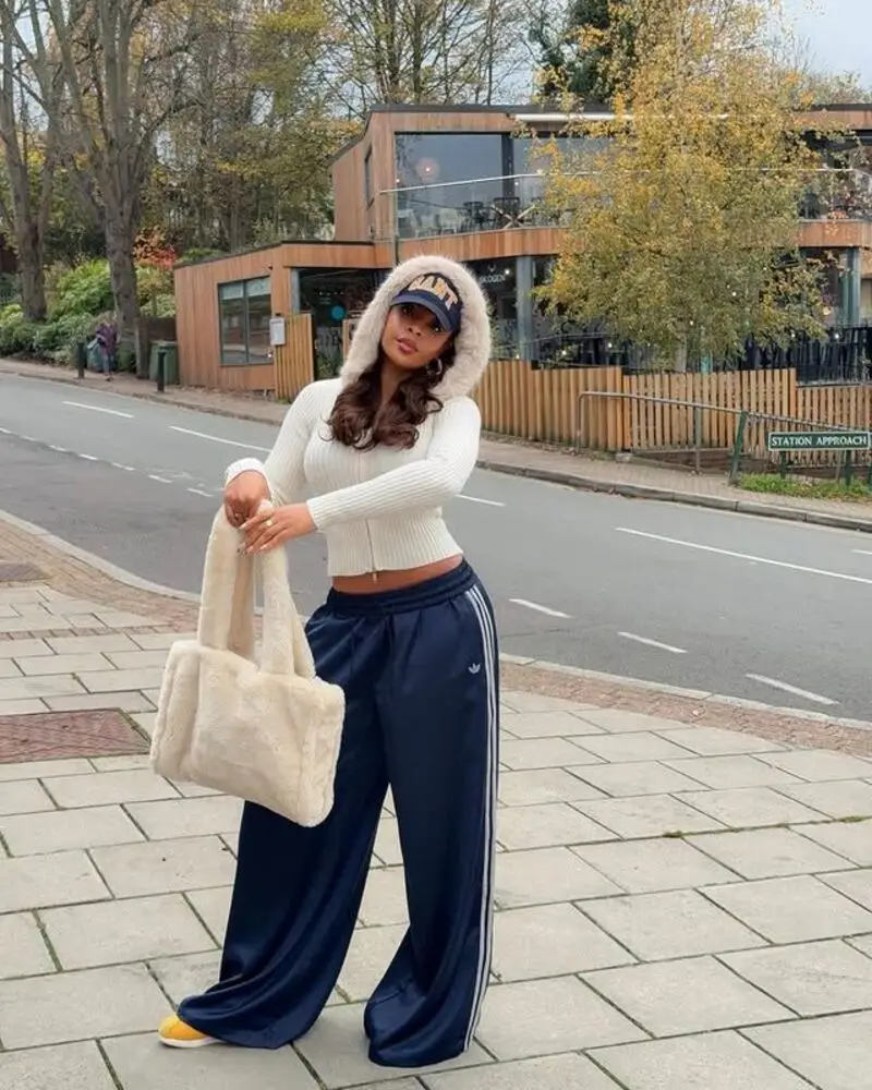 Fuzzy Hood Sweater with Navy Track Pants