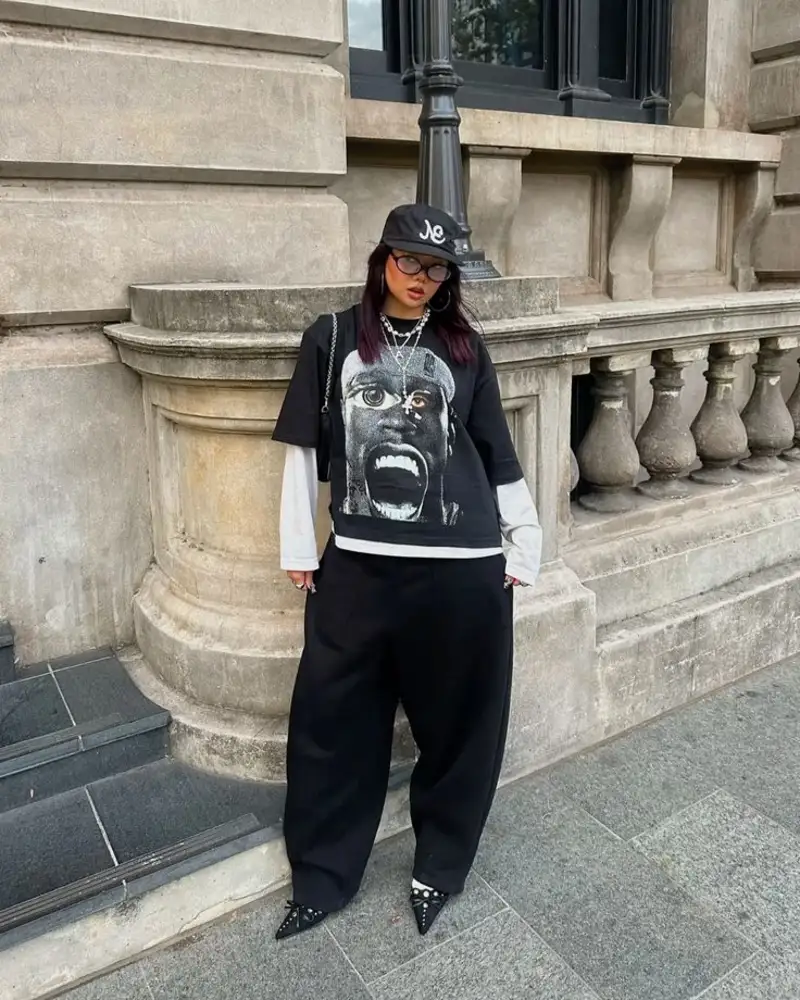 Graphic Tee Over Long Sleeve + Barrel Trousers