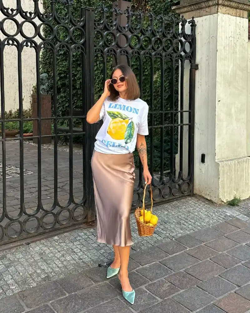 Graphic Tee & Satin Midi Skirt