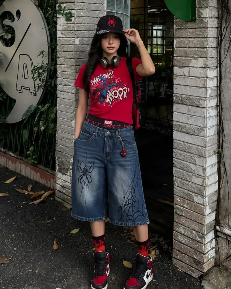 Graphic Tee with Denim Shorts and Sneakers