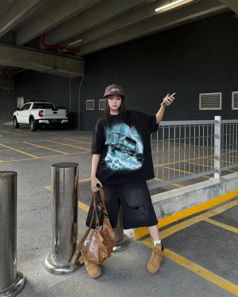 Graphic Truck Tee with Ripped Denim Shorts