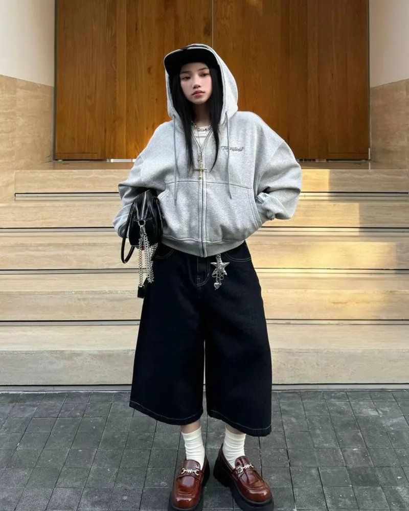 Gray Zip Hoodie + Black Denim Culottes + Platform Loafers