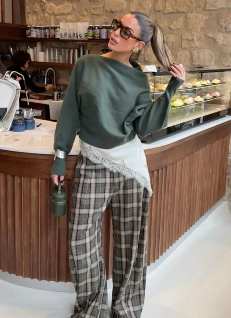 Green Sweatshirt With Plaid Trousers