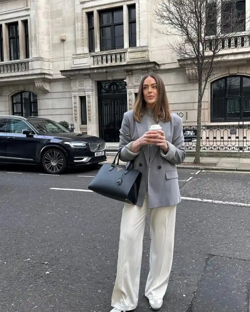 Grey Double-Breasted Blazer + Ivory Trousers