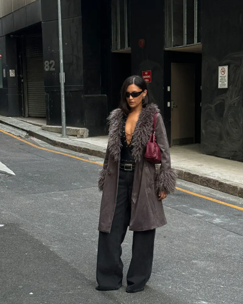 Grey Fur-Trimmed Coat & Black Bodysuit