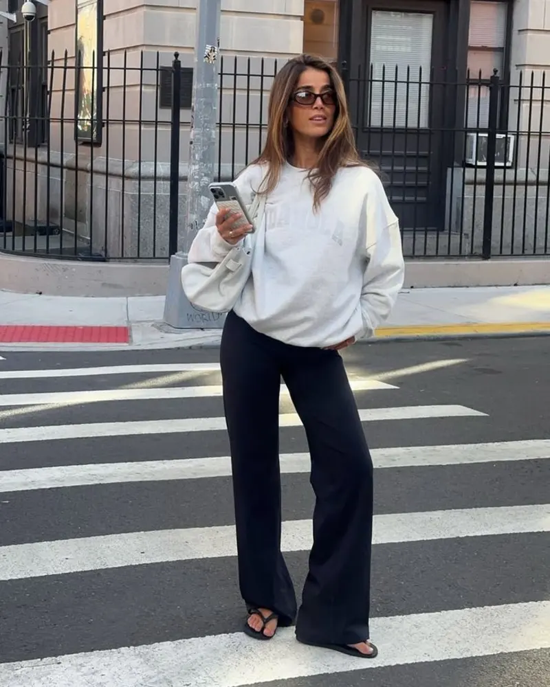 Grey Sweatshirt, Black Wide-Leg Pants, and Sandals