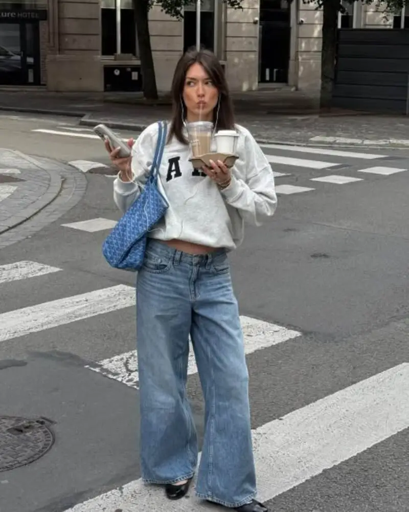 Grey Sweatshirt & Wide Jeans
