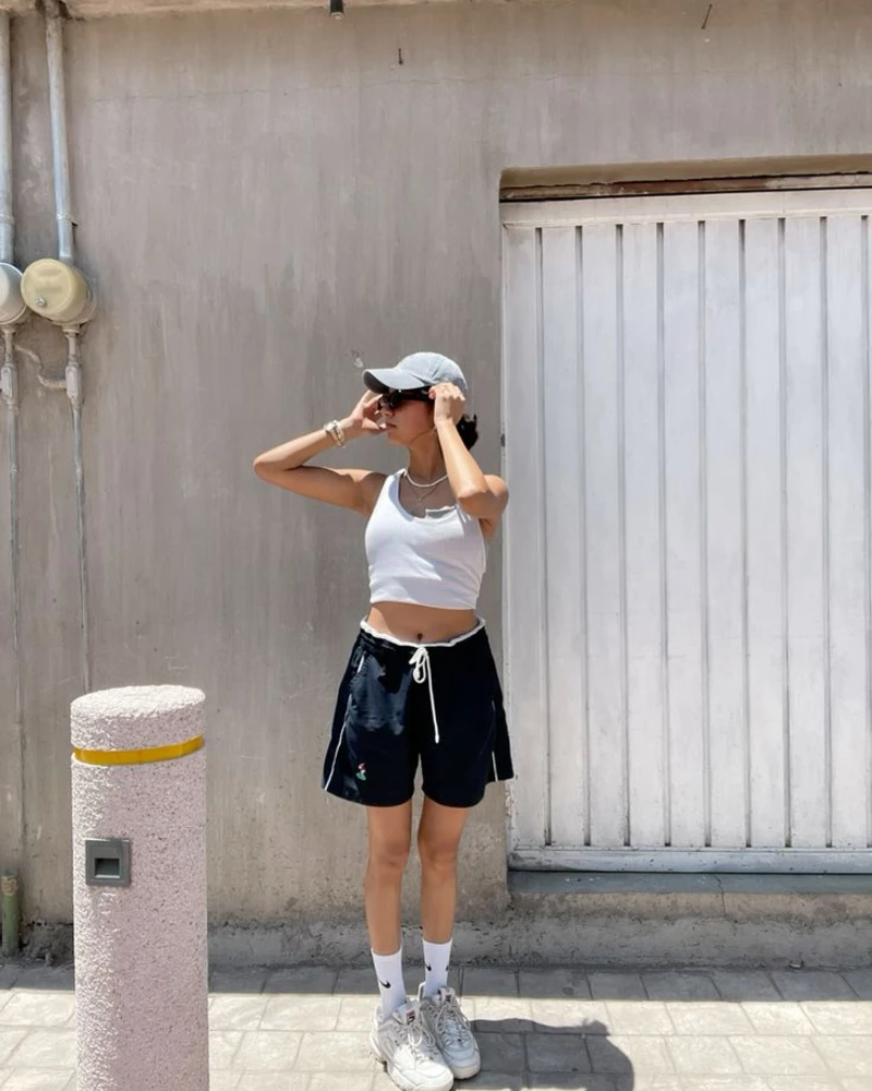 Grey Tank + Navy Shorts
