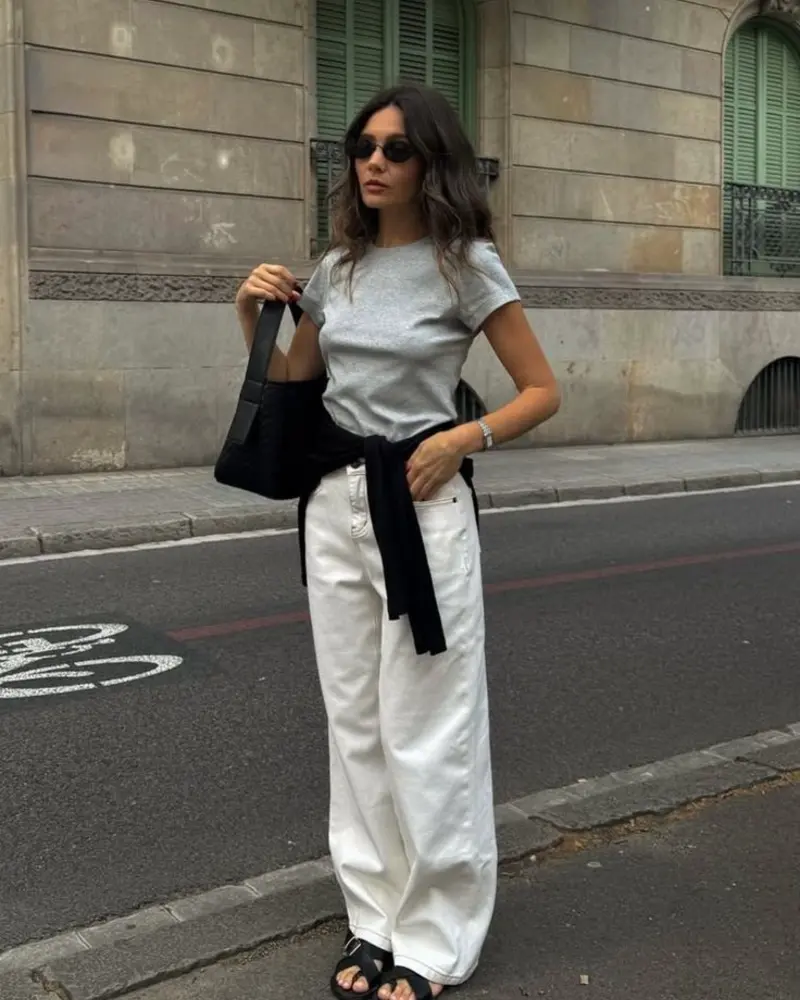 Grey Tee, White Jeans & Tied Sweater