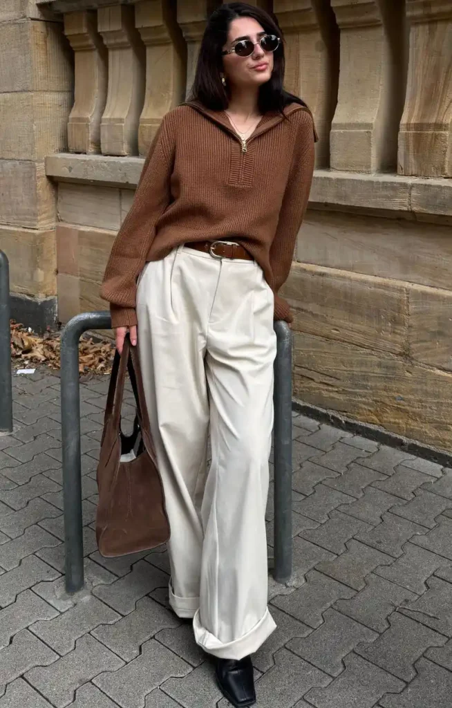 Half-Zip Sweater and Cream Corduroy Trousers