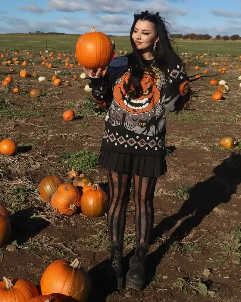 Halloween Graphic Sweater with Pleated Mini Skirt