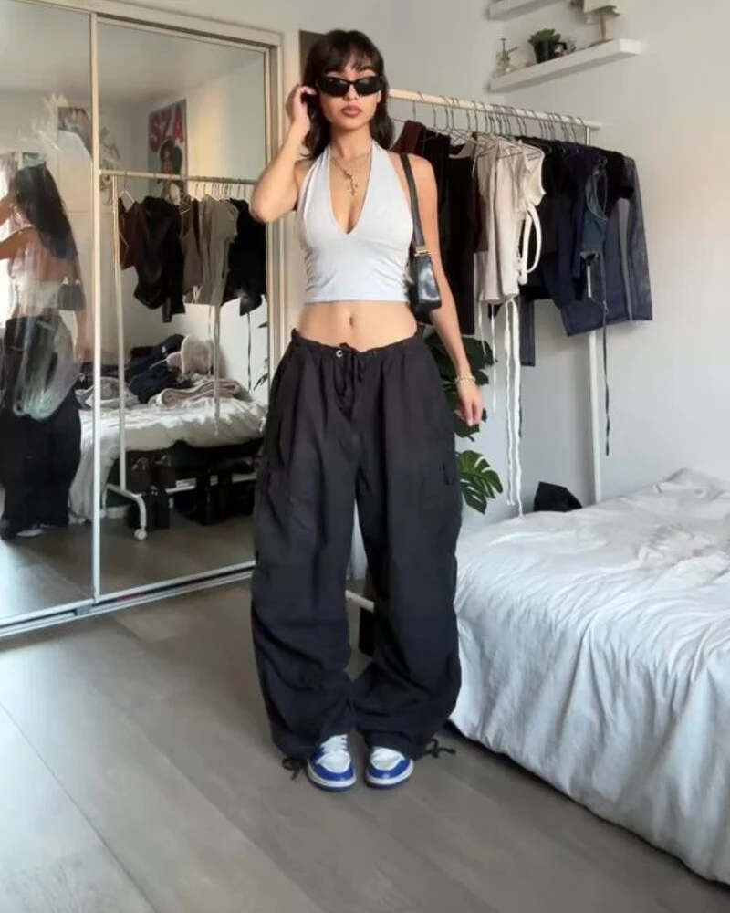  Halter Top With Black Parachute Pants